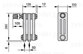 Схема (чертеж) Радиатор Zehnder Charleston 3026/3 №V007 Белый глянцевый RAL 9016